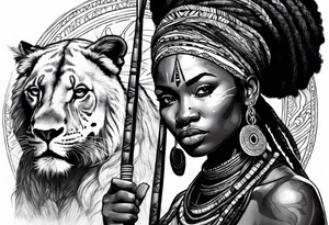 African woman warrior with tribe scars and spear in hand with animals in background tattoo idea