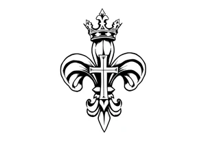 a flor de lis with a tilted crown on top and a cross hidden inside the flor de lis tattoo idea