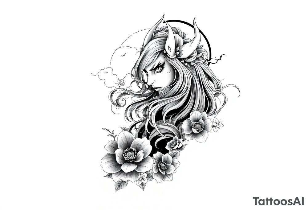 Full sleeve tattoo design for a male arm, wrapping from shoulder to wrist. Neo-Japanese style featuring a beautiful female oni (demon woman) with an elegant, mysterious expression, one hand partially covering her face, long flowing hair integrated into bold wind bars and wave patterns, large chrysanthemums and peonies weaving through the composition. Strong negative space with large black fills, bold flowing shapes, and smooth grey shading. Traditional Japanese cloud and water motifs in the background, balanced composition with the oni face as the main focal point on the upper arm, seamless flow down the arm to the wrist. High contrast black and grey, crisp linework, dynamic and dramatic. tattoo idea