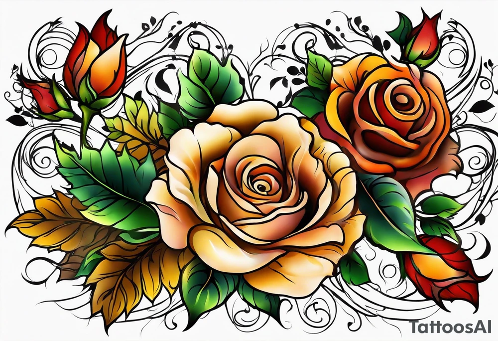 sleeve tattoo in fall colors with roses background swirls, leaves tattoo idea