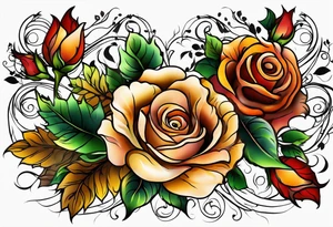 sleeve tattoo in fall colors with roses background swirls, leaves tattoo idea