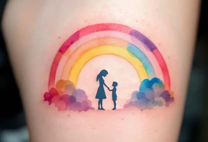 A rainbow in soft pastels arching over a mother and child silhouette signifies hope and healing after loss. tattoo idea