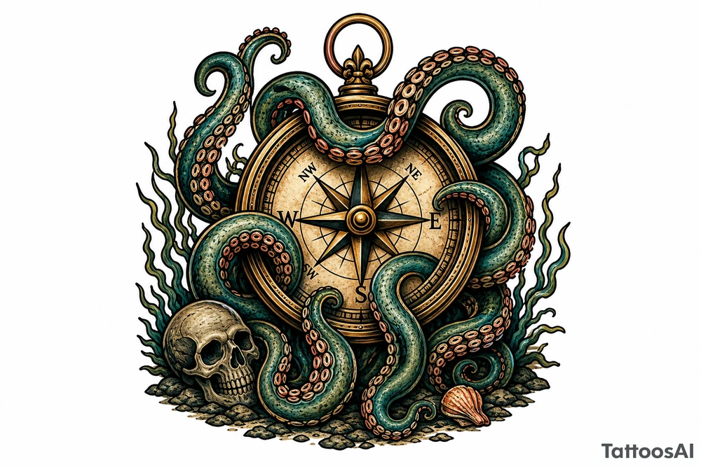 A kraken's tentacles coiling around a nautical compass on a dark ocean floor. tattoo idea