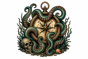 A kraken's tentacles coiling around a nautical compass on a dark ocean floor. tattoo idea
