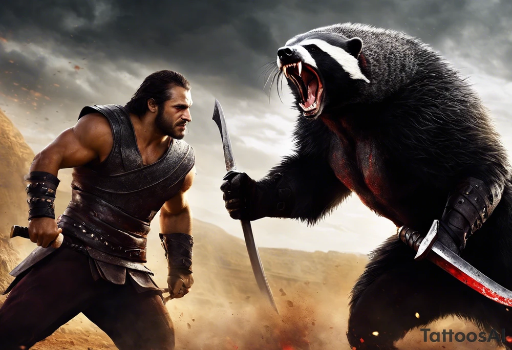 Draw me psychopath Fearless Honey Badger/Berserker with aggressive full body, killer face with a scary smile, very long nails and he attacks like a Bloody Assassin/Warrior/Gladiator to us and also, he has very deadly looking. He fights with his nails only. Everybody scares after their first sight. Give me horror type Badger Tattoo. I want to see his Realistic full body with no weapons. You can show destruction at the back. tattoo idea