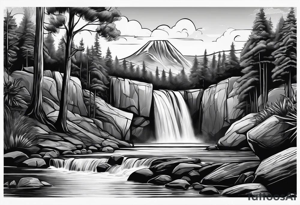 waterfall going into a river with a camp site in Australia tattoo idea