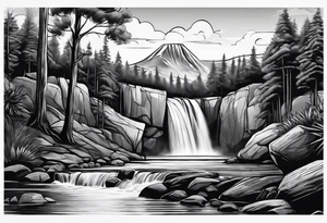 waterfall going into a river with a camp site in Australia tattoo idea