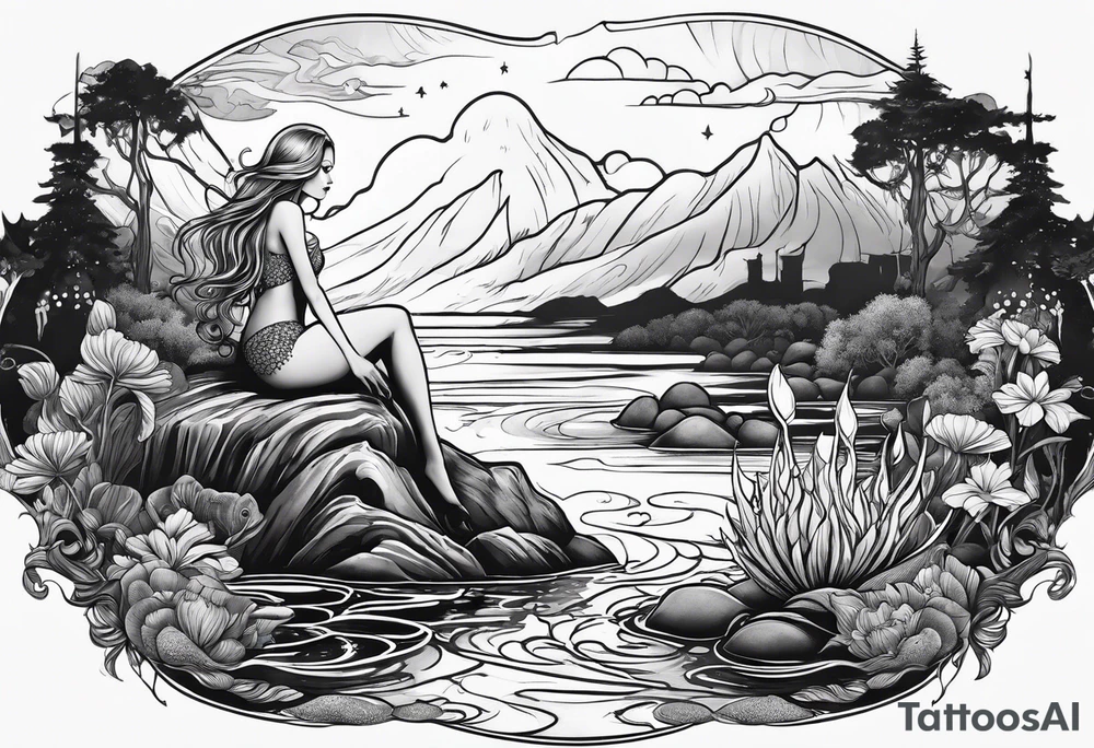 Mermaid on a rock in a bayou at night tattoo idea