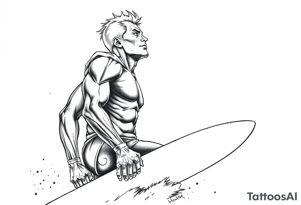 comic hero silver surfer on his board looking over in deep thought as he is in the sky tattoo idea