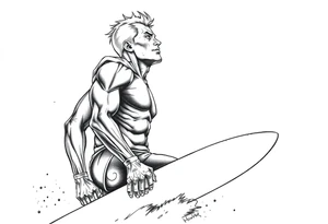 comic hero silver surfer on his board looking over in deep thought as he is in the sky tattoo idea