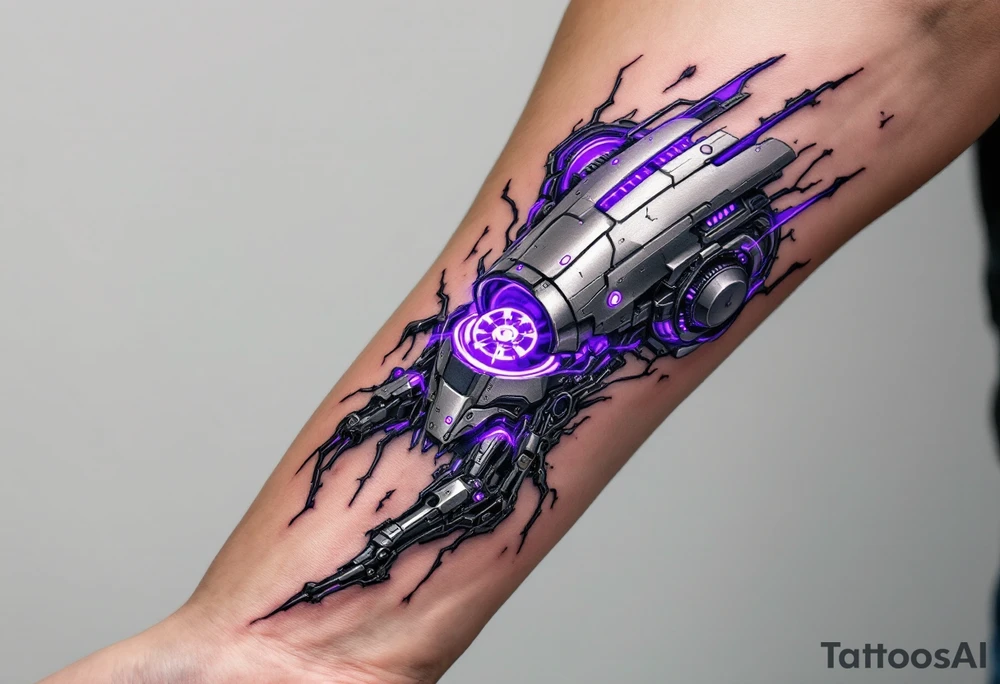 A biomechanical structure starting at the palm in brushed aluminum, surrounded by glowing violet circuitry and torn muscle detail. tattoo idea