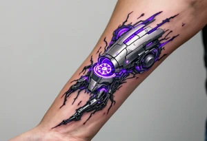 A biomechanical structure starting at the palm in brushed aluminum, surrounded by glowing violet circuitry and torn muscle detail. tattoo idea