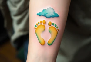 Bright yellow and mint green footprints of Roman, accompanied by a playful cloud, representing his free spirit. tattoo idea