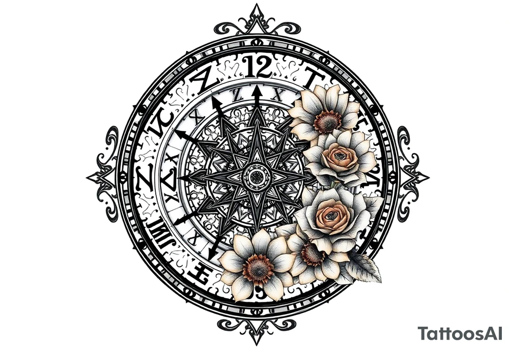 zodiac symbols and Norse runes within ornate clockwork mechanism with roses lilly sunflowers tattoo idea