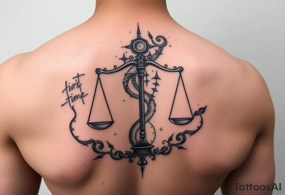 galaxy tattoo with scales weighing time but it's ethreal tattoo idea