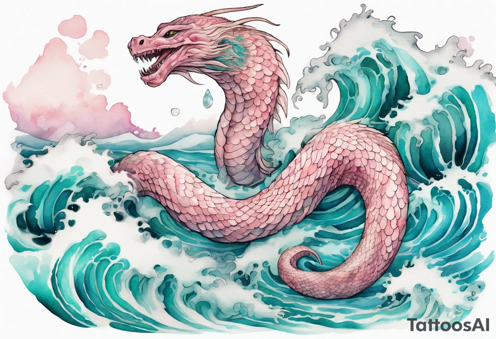 a gentle Falkor sea-serpent hybrid with turquoise and pink scales emerging from the waves tattoo idea