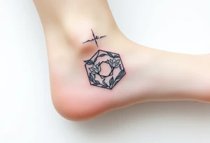 Faint Hexagon with astrological sign for Leo, larkspur and water lilies in the center tattoo idea