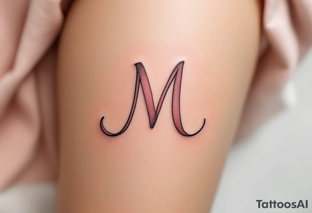 A ribbon-shaped "M" in soft blush pink, wrapping around the skin gently. tattoo idea