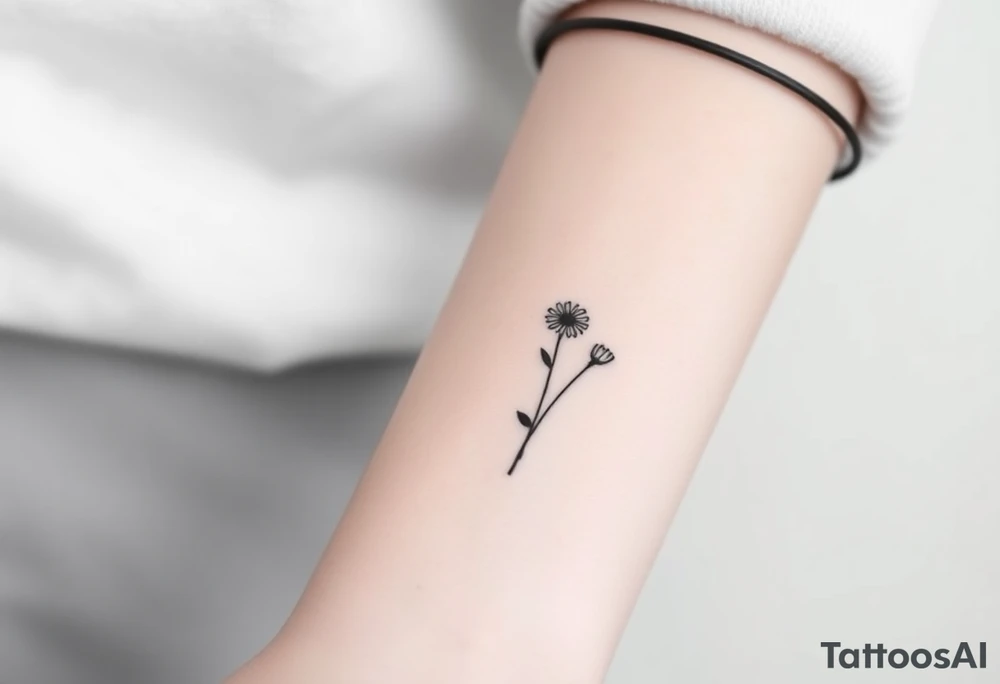 Small black and white tattoo waxing creaxent moon with small Daisy birth flower and tiny leo gliph tattoo idea