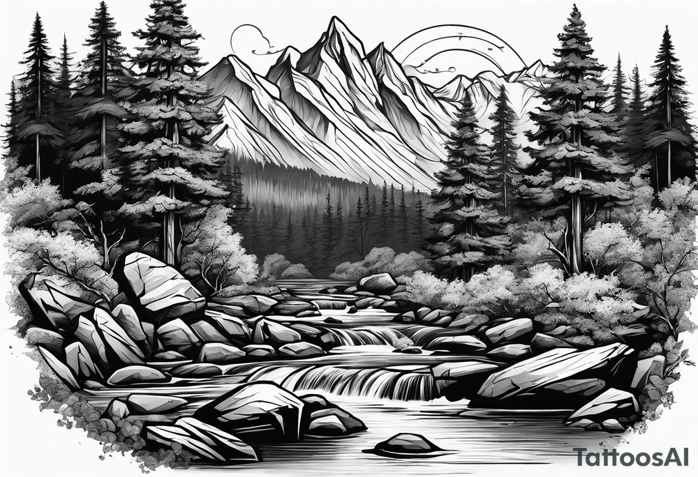 forrest 
river running through rocks and mountains tattoo idea