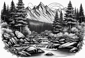 forrest 
river running through rocks and mountains tattoo idea