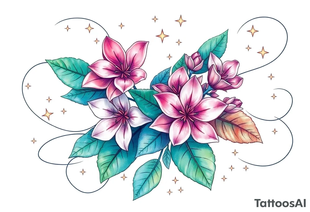 Beautiful mountain laurel flowers surrounded by flowing lines and stars tattoo idea