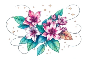Beautiful mountain laurel flowers surrounded by flowing lines and stars tattoo idea
