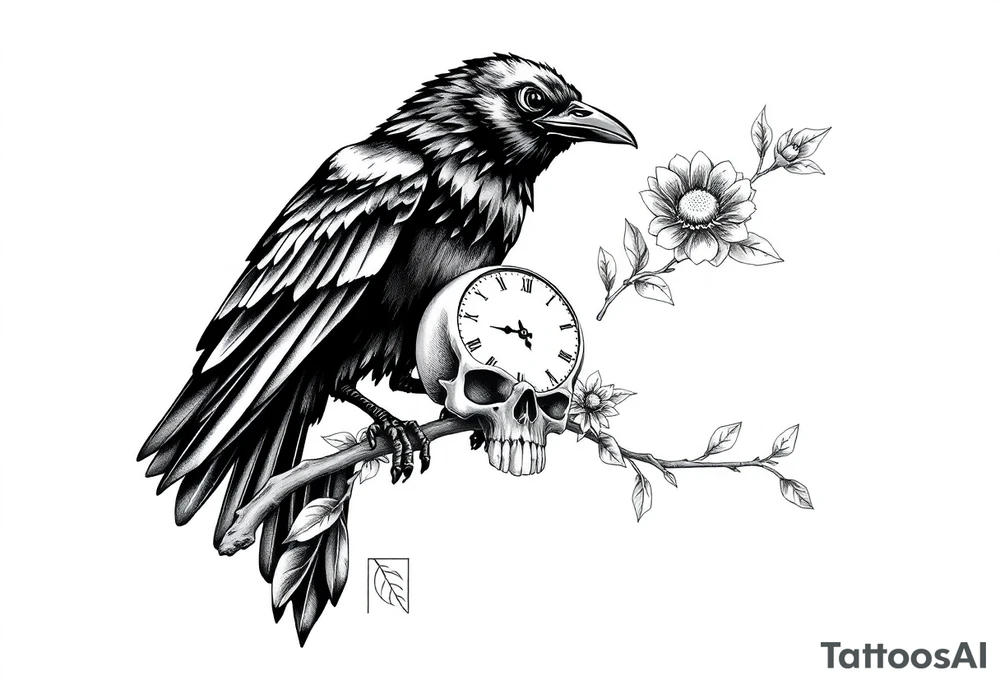 raven looking over its shoulder on a branch skull and clock and flower tattoo idea