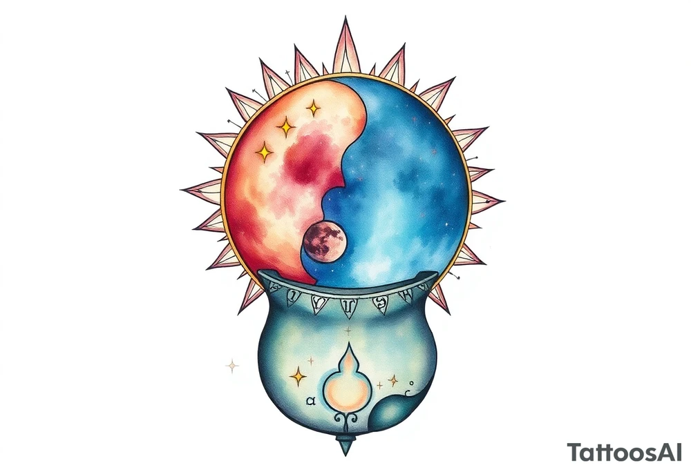 celestial sun and moon with constellation patterns runes in galaxy coming out of witch cauldron tattoo idea