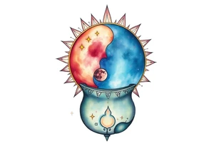 celestial sun and moon with constellation patterns runes in galaxy coming out of witch cauldron tattoo idea