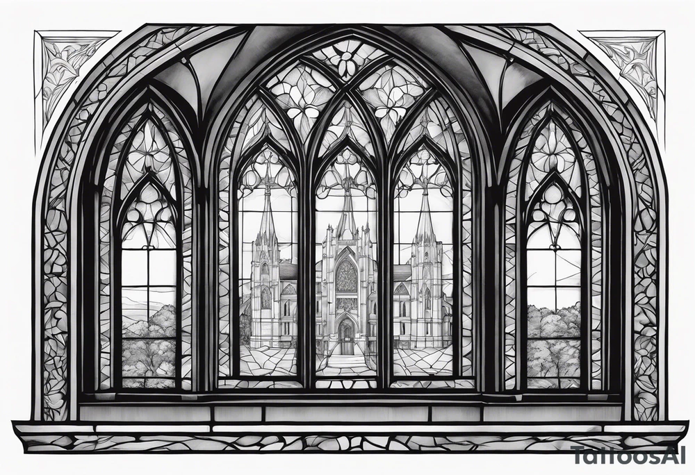 gothic, cathedral style window with intricate detail of windowsill, blacked out frames, long and skinny tattoo idea