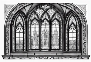 gothic, cathedral style window with intricate detail of windowsill, blacked out frames, long and skinny tattoo idea