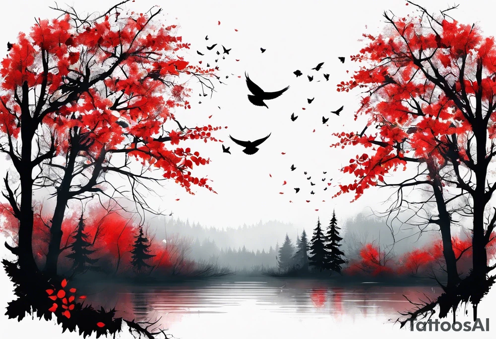 trash polka style. Arm tattoo. chest tattoo. Long tattoo. large tattoo. Full sleeve. Shoulder. A single large maple tree with red autumn leaves that branches upwards from wrist to shoulder. White-throated dipper bird on the trees branches. Calluna flowers at the base of the trees stem. Tree stem has dark colors. Red/yellow sunset behind the trees stem. Leaves falling. tattoo idea