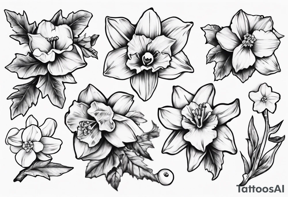 OAKLEE with Narcissus and holly flowers tattoo idea