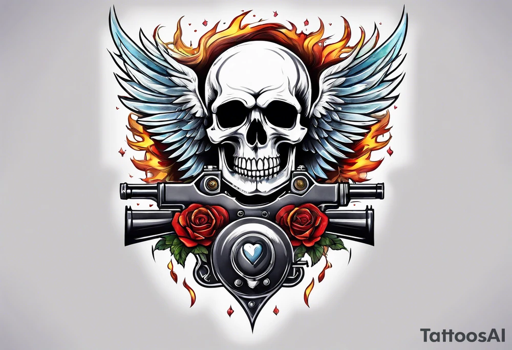 skull with a gun dominated by a  heart with wings and  flames coming out of the top of it tattoo idea