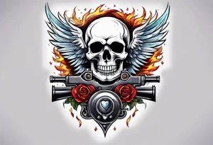 skull with a gun dominated by a  heart with wings and  flames coming out of the top of it tattoo idea