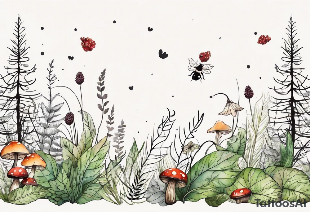 forest floor inspired minimalist tattoo, which includes grass, curly ferns, moss and dead leaves as the bulk of the tattoo. details to include: forest berries, a tiny bumblebee flying nearby, three small brown mushrooms
Generate a vertically long one tattoo idea