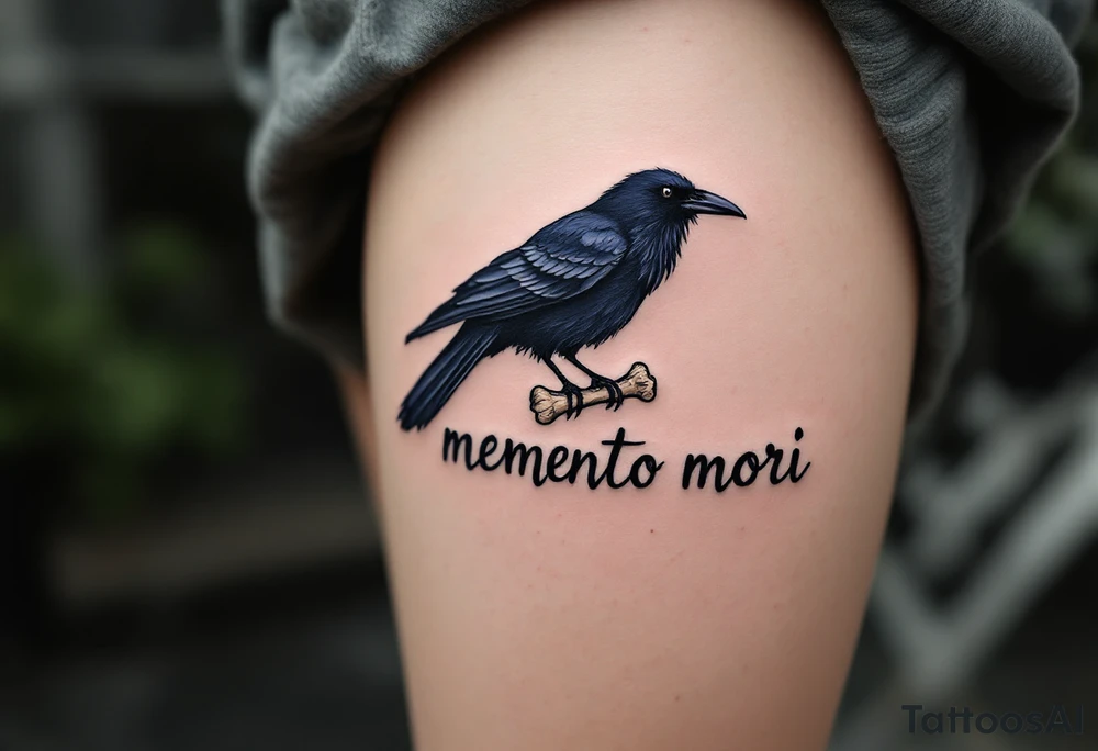 A crow with dark navy feathers carrying a bone in its beak, flying over the phrase "memento mori" in smoky gray. tattoo idea