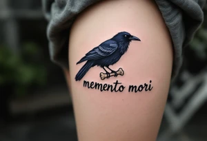 A crow with dark navy feathers carrying a bone in its beak, flying over the phrase "memento mori" in smoky gray. tattoo idea