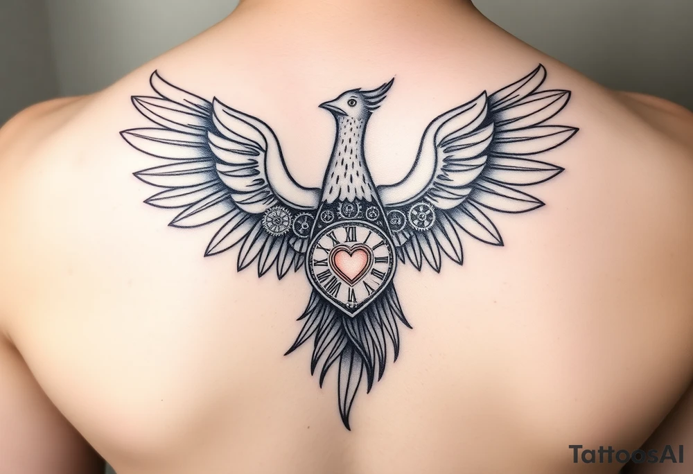 A stylized phoenix rising with feathers composed of intricate clock gears and mechanical parts. The chest reveals a glowing clockwork heart symbolizing emotional depth, love, and resilience amidst anxiety. The design combines fine line and dotwork detailing on the mechanical elements with bold, clean lines for the phoenix silhouette. Minimal shading emphasizes contrast and highlights the glowing heart. tattoo idea