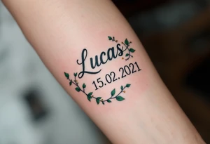 Name Luky 15. 02. 2021 – Deep emerald green vine twisting around Lucas's birthdate, with small yellow blooms dotting the numbers. tattoo idea