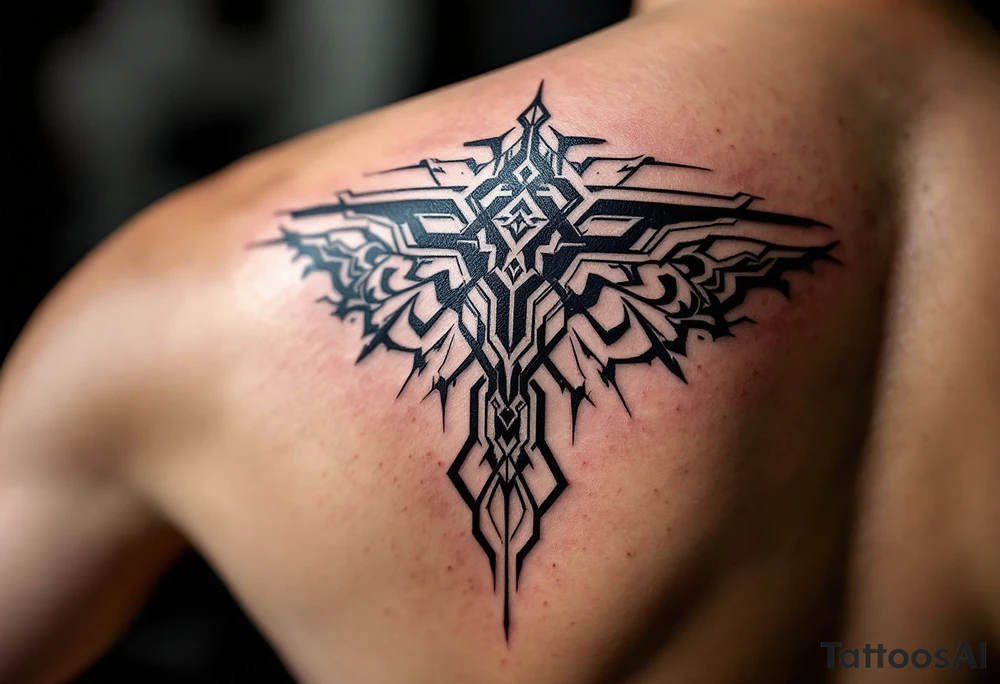 A tribal-inspired "T" in jet black with symmetrical geometric detailing. tattoo idea