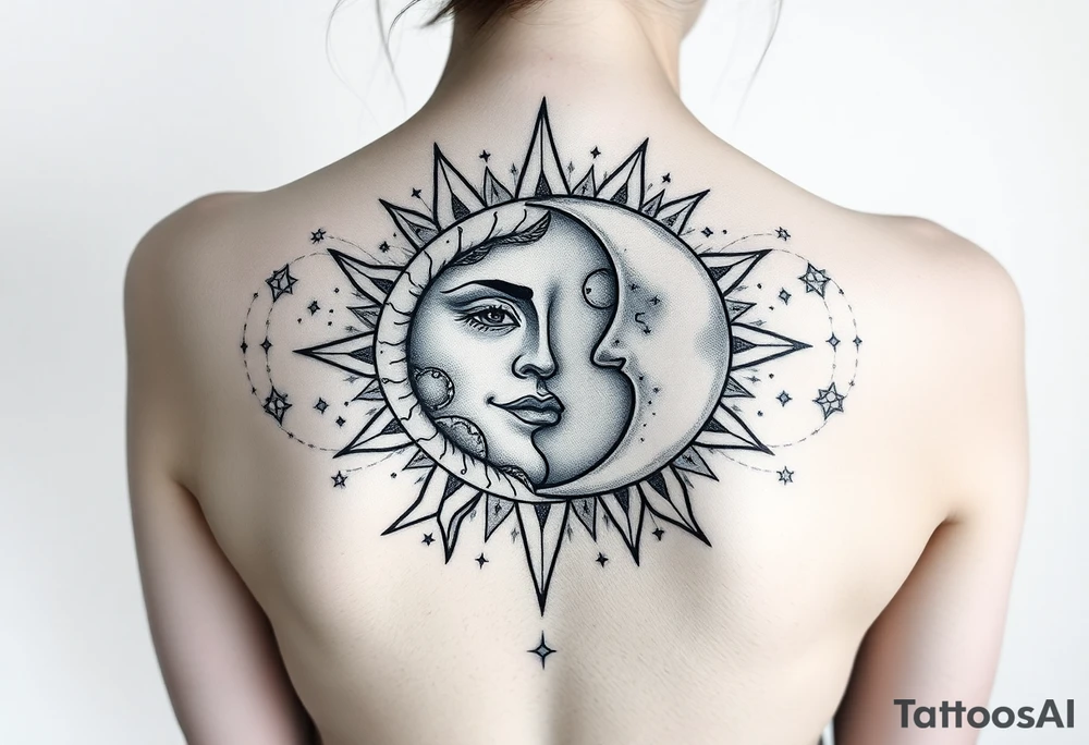 celestial sun and moon embrace with constellation patterns tattoo idea celestial sun and moon embrace with constellation patterns tattoo idea