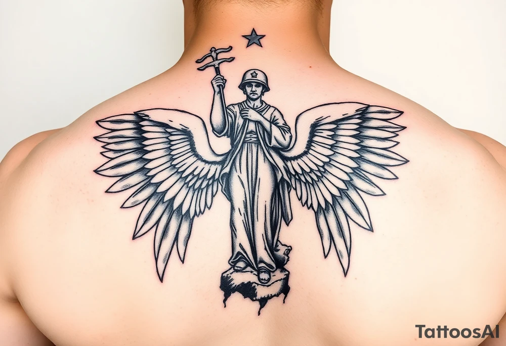 Military protected by angels statue tattoo idea