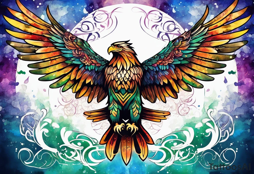 Feminine celtic Eagle with wings spread upwards. Colourful background, splashes on colour tattoo idea
