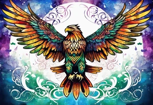 Feminine celtic Eagle with wings spread upwards. Colourful background, splashes on colour tattoo idea