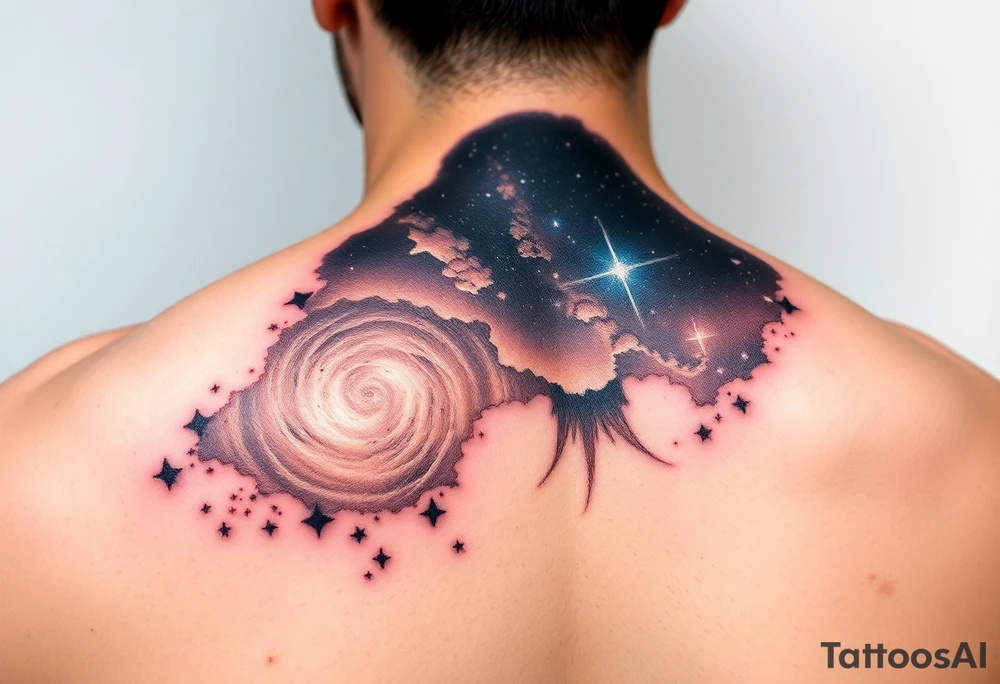 Beautiful and epic 3d milky way that appears to be what is beneath the skin. Make it drape over the shoulder and move to the middle back. use negative spaces to create stars and dust. Incorporate God breathing life into the universe. Keep it symmetrical tattoo idea