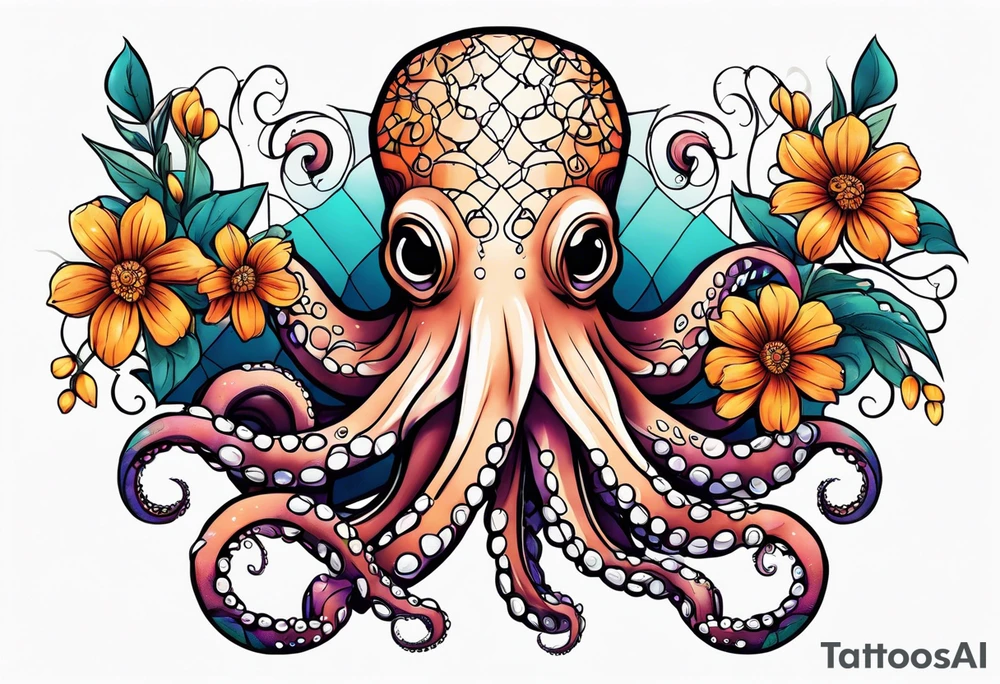 octopus holding flowers tattoo idea