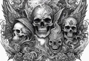 Angels and demons full sleeve with skulls and fire and smoke for filler tattoo idea