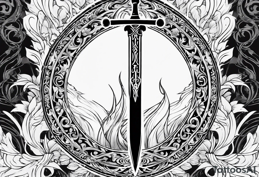 A classy sketch of the Master Sword standing upright, with subtle, delicate symbols of the elements—flame, water droplet, leaf, and wind swirl—integrated into the blade and hilt tattoo idea